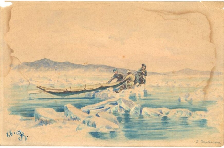 Obraz autorstwa Józefa Berkmana, przedstawiający zesłańców syberyjskich, namalowany techniką akwarelową na papierze, o rozmiarach 20x13 cm, z 1888 r.  