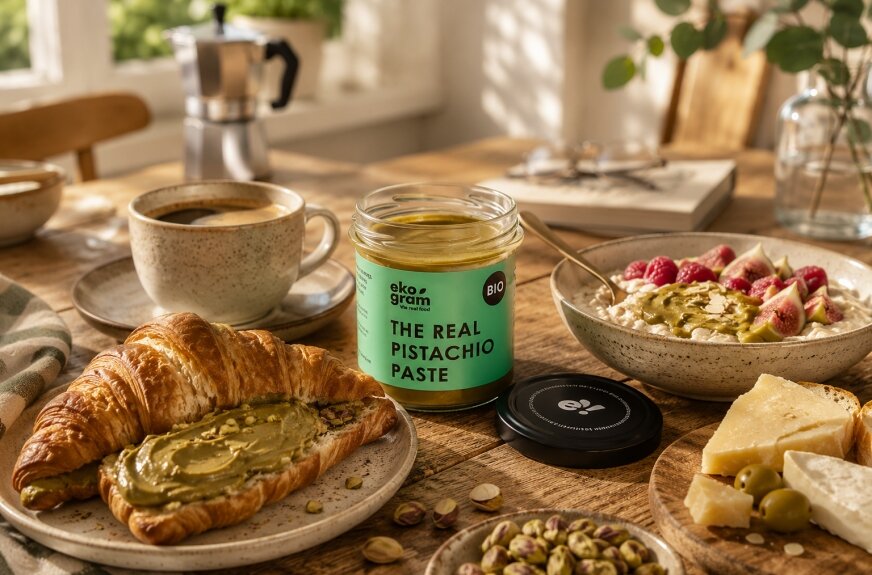 BIO pasta z pistacji to produkt dla osób, które cenią prosty skład, naturalny smak i kuchenny minimalizm. Sprawdza się do croissantów, owsianek, deserów, serów i spokojnych śniadań bez pośpiechu. 