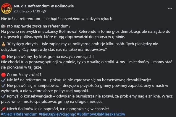 „Nie dla referendum” - to inicjatywa w Bolimowie, która ma zniechęcić mieszkańców do uczestnictwa w referendum w